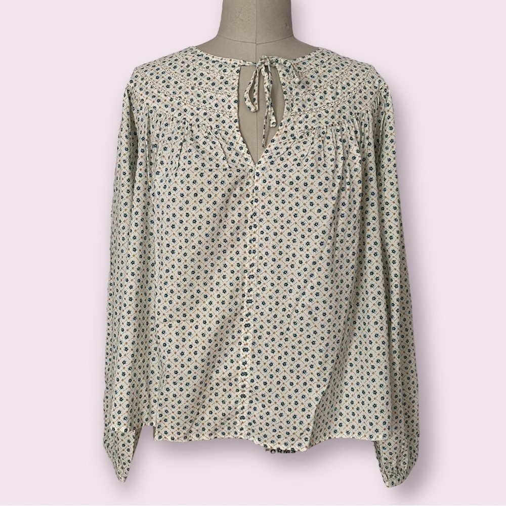 Universal Thread Cream Floral Balloon Sleeve Pullover Top Front Ties Size S